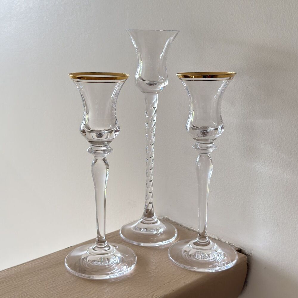 Vintage Mikasa Crystal Taper Candlestick Holders With Gold Rim And Twisted Stem